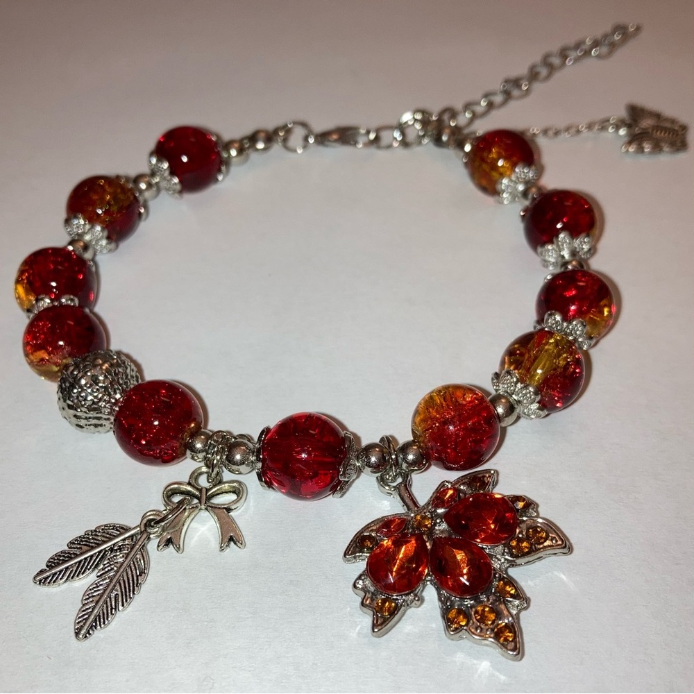 Autumn Charm Bracelet with Red and Orange Beads Fall Jewelry